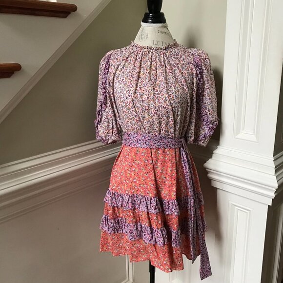 Ann Taylor Floral Fit & Flare Dress Womens 6 Orange Purple Crew Neck Mini Ruffle - Picture 4 of 13